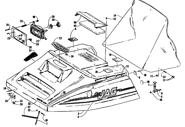 Parts Diagram for Arctic Cat 1992 SUPER JAG SNOWMOBILE HOOD ASSEMBLY