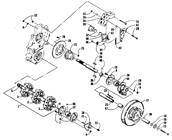 Parts Diagram for Arctic Cat 1992 SUPER JAG SNOWMOBILE DRIVE TRAIN SHAFTS AND BRAKE ASSEMBLIES
