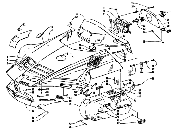 Parts Diagram for Arctic Cat 1992 PANTERA SNOWMOBILE HOOD, HEADLIGHT, AND SIDE PODS