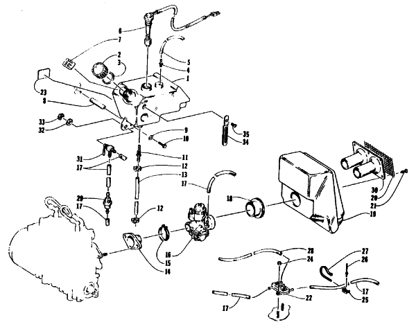 Parts Diagram for Arctic Cat 1992 JAG DELUXE SNOWMOBILE OIL TANK, CARBURETOR, FUEL PUMP, AND SILENCER