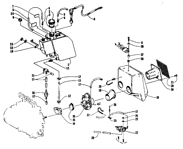 Parts Diagram for Arctic Cat 1992 EXT SNOWMOBILE OIL TANK, CARBURETOR, FUEL PUMP, AND SILENCER