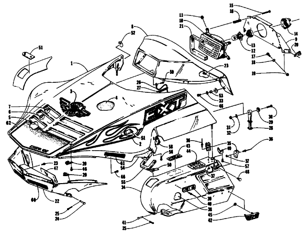 Parts Diagram for Arctic Cat 1992 EXT SPECIAL SNOWMOBILE HOOD, HEADLIGHT, AND SIDE PODS