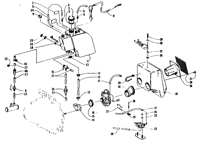 Parts Diagram for Arctic Cat 1992 EXT SPECIAL SNOWMOBILE OIL TANK, CARBURETOR, FUEL PUMP, AND SILENCER