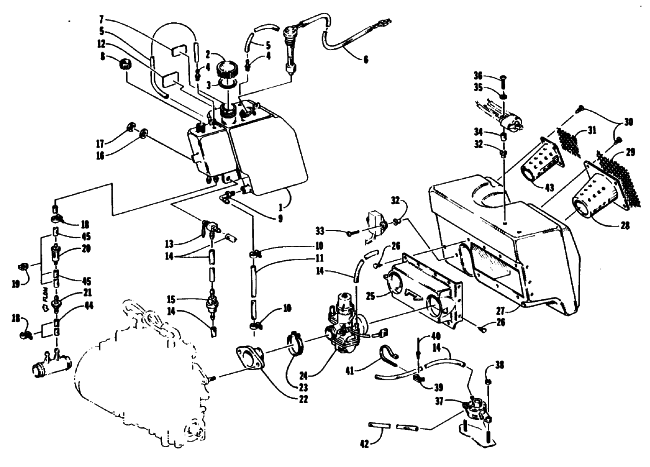 Parts Diagram for Arctic Cat 1992 WILDCAT MOUNTAIN CAT SNOWMOBILE OIL TANK, CARBURETOR, FUEL PUMP, AND SILENCER