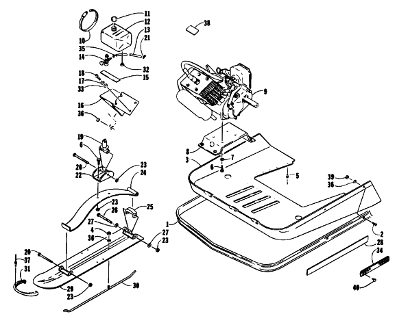 Parts Diagram for Arctic Cat 1993 KITTY CAT SNOWMOBILE SKI, ENGINE AND BELLY PAN