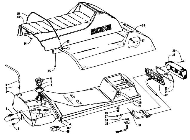 Parts Diagram for Arctic Cat 1993 JAG Z SNOWMOBILE GAS TANK, SEAT, AND TAILLIGHT ASSEMBLIES