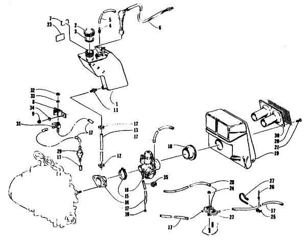 Parts Diagram for Arctic Cat 1993 JAG SNOWMOBILE OIL TANK, CARBURETOR, FUEL PUMP, AND SILENCER