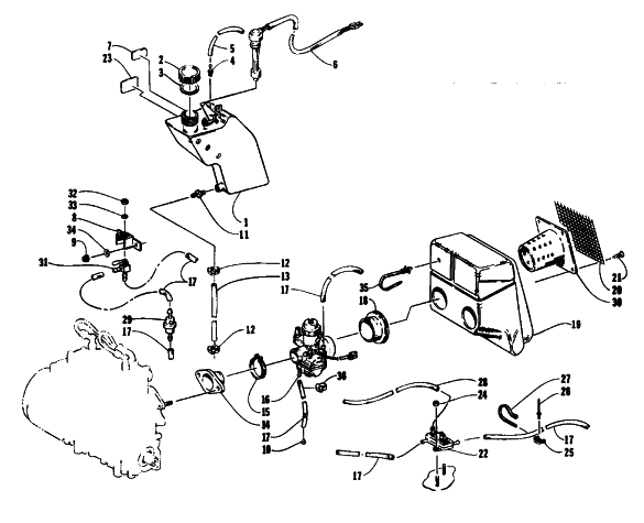 Parts Diagram for Arctic Cat 1993 JAG Z SNOWMOBILE OIL TANK, CARBURETOR, FUEL PUMP, AND SILENCER