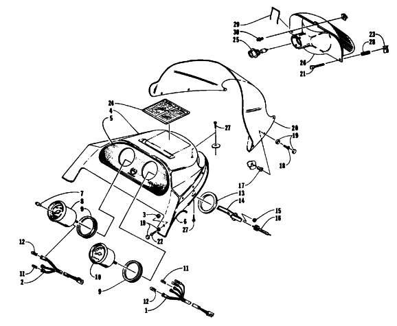 Parts Diagram for Arctic Cat 1993 EXT 580 MOUNTAIN CAT SNOWMOBILE WINDSHIELD, HEADLIGHT, AND HOOD HINGE