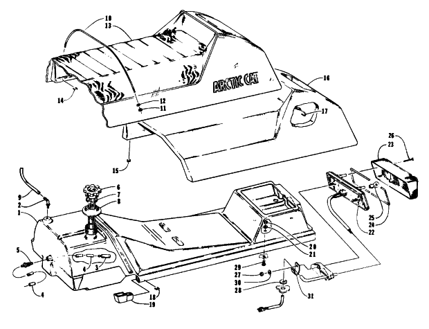 Parts Diagram for Arctic Cat 1993 EXT 580 Z SNOWMOBILE GAS TANK, SEAT, AND TAILLIGHT ASSEMBLIES