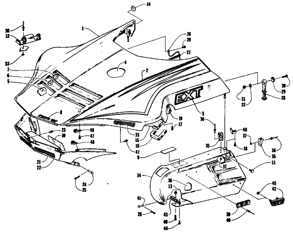 Parts Diagram for Arctic Cat 1993 EXT 580 MOUNTAIN CAT SNOWMOBILE HOOD AND SIDE PODS