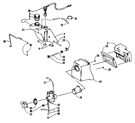 Parts Diagram for Arctic Cat 1993 JAG AFS LT 2 SPEED SNOWMOBILE OIL TANK, CARBURETOR, FUEL PUMP AND SILENCER
