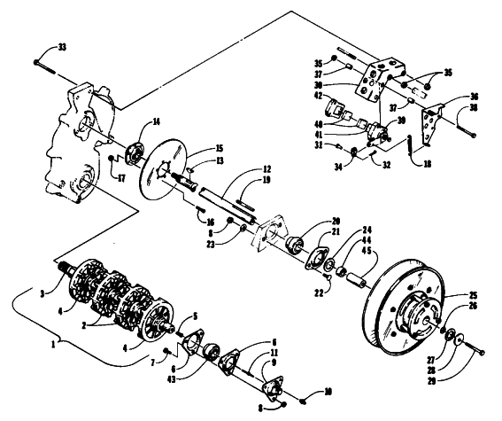 Parts Diagram for Arctic Cat 1992 WILDCAT MOUNTAIN CAT SNOWMOBILE DRIVE TRAIN SHAFTS AND BRAKE ASSEMBLIES
