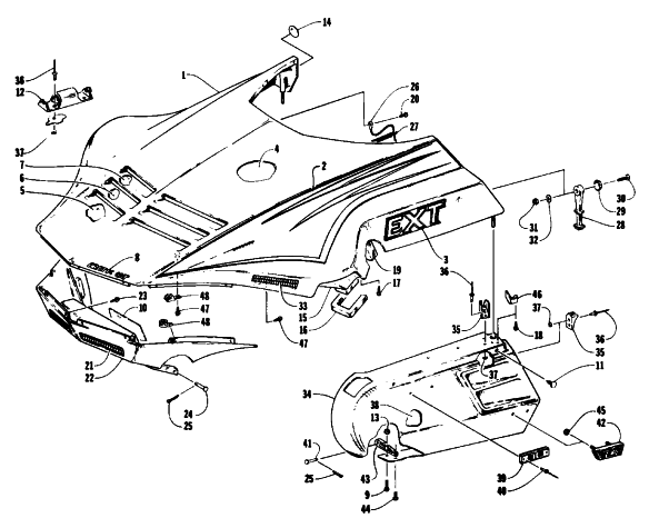 Parts Diagram for Arctic Cat 1993 EXT EFI MOUNTAIN CAT SNOWMOBILE HOOD AND SIDE PODS