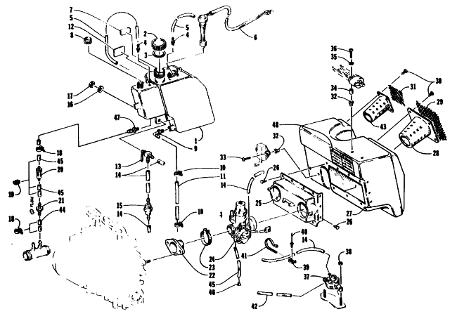 Parts Diagram for Arctic Cat 1993 WILDCAT SNOWMOBILE OIL TANK, CARBURETOR, FUEL PUMP, AND SILENCER