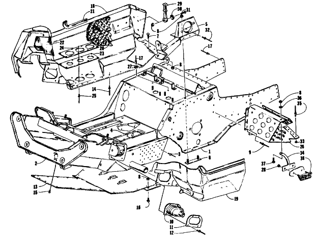 Parts Diagram for Arctic Cat 1993 THUNDERCAT SNOWMOBILE FRONT FRAME, BELLY PAN AND FOOTREST ASSEMBLY