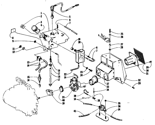 Parts Diagram for Arctic Cat 1993 580 ZR SNOWMOBILE OIL TANK, CARBURETOR, FUEL PUMP, AND SILENCER