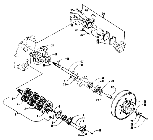 Parts Diagram for Arctic Cat 1993 THUNDERCAT SNOWMOBILE DRIVE TRAIN SHAFTS AND BRAKE ASSEMBLIES