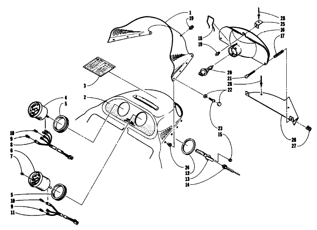 Parts Diagram for Arctic Cat 1993 580 ZR SNOWMOBILE WINDSHIELD, HEADLIGHT, AND HOOD HINGE