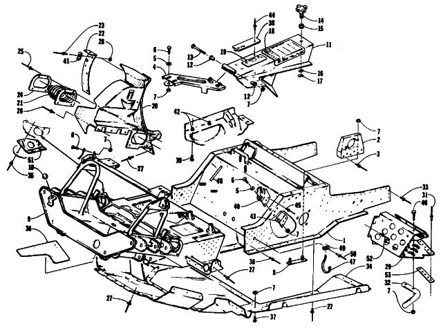 Parts Diagram for Arctic Cat 1994 PANTHER DELUXE SNOWMOBILE FRONT FRAME, BELLY PAN AND FOOTREST ASSEMBLY