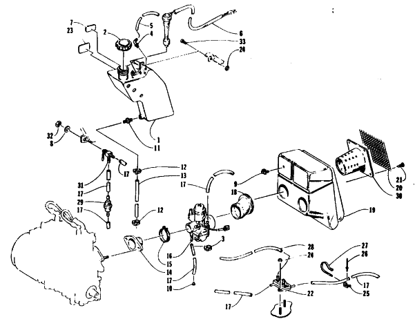 Parts Diagram for Arctic Cat 1994 COUGAR SNOWMOBILE OIL TANK, CARBURETOR, FUEL PUMP, AND SILENCER