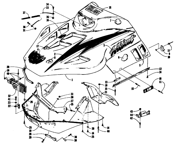 Parts Diagram for Arctic Cat 1994 WILDCAT EFI MOUNTAIN CAT SNOWMOBILE HOOD AND NOSEPIECE ASSEMBLY