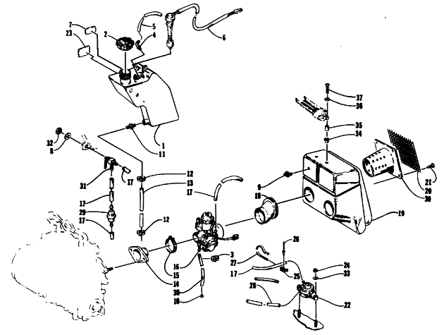 Parts Diagram for Arctic Cat 1994 EXT 580 MOUNTAIN CAT WAVE SNOWMOBILE OIL TANK, CARBURETOR, FUEL PUMP, AND SILENCER