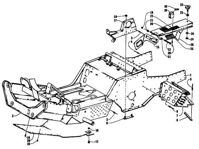 Parts Diagram for Arctic Cat 1994 EXT EFI MOUNTAIN CAT SNOWMOBILE FRONT FRAME, FOOTREST, AND CLUTCH SHIELD ASSEMBLY