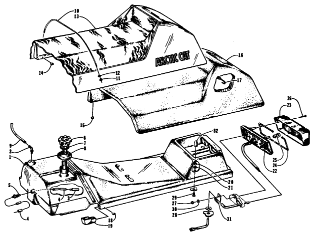 Parts Diagram for Arctic Cat 1994 PUMA SNOWMOBILE GAS TANK, SEAT, AND TAILLIGHT ASSEMBLIES