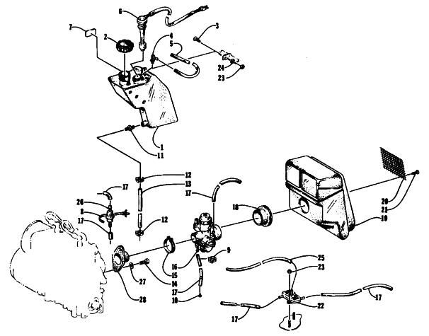 Parts Diagram for Arctic Cat 1994 PUMA SNOWMOBILE OIL TANK, CARBURETOR, FUEL PUMP, AND SILENCER