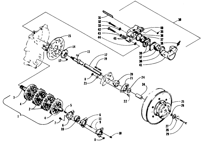 Parts Diagram for Arctic Cat 1994 THUNDERCAT SNOWMOBILE DRIVE TRAIN SHAFTS AND BRAKE ASSEMBLIES