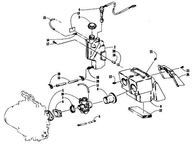 Parts Diagram for Arctic Cat 1994 CHEETAH 440 2-SPEED SNOWMOBILE OIL/WATER TANK, CARBURETOR, AND SILENCER ASSEMBLIES