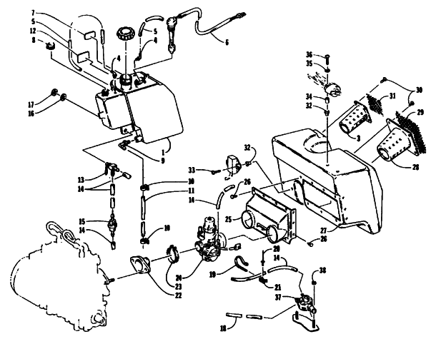 Parts Diagram for Arctic Cat 1994 ZR 700 SNOWMOBILE OIL TANK, CARBURETOR, FUEL PUMP, AND SILENCER