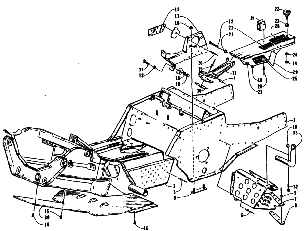 Parts Diagram for Arctic Cat 1995 BEARCAT 340 SNOWMOBILE FRONT FRAME, FOOTREST, AND GUARD ASSEMBLIES