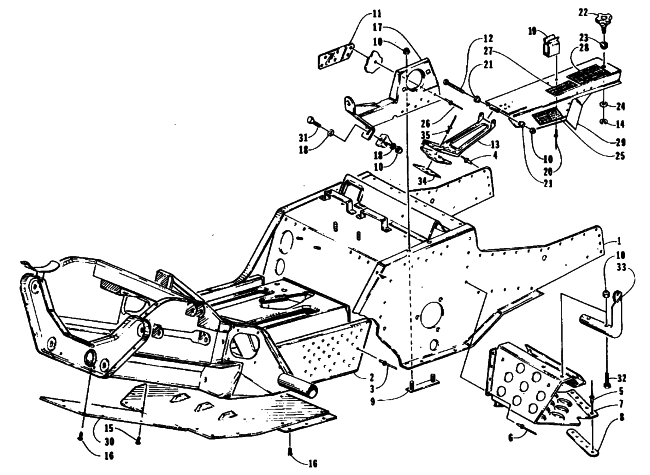 Parts Diagram for Arctic Cat 1995 BEARCAT 440 SNOWMOBILE FRONT FRAME, FOOTREST, AND GUARD ASSEMBLIES