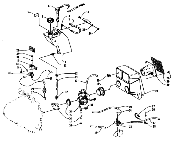 Parts Diagram for Arctic Cat 1995 BEARCAT 440 SNOWMOBILE OIL TANK, CARBURETOR, FUEL PUMP, AND SILENCER