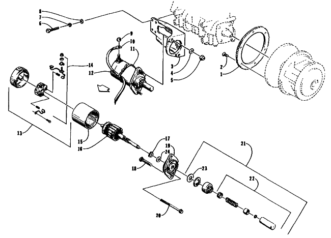 Parts Diagram for Arctic Cat 1995 BEARCAT 440 SNOWMOBILE ELECTRIC START - STARTER MOTOR ASSEMBLY