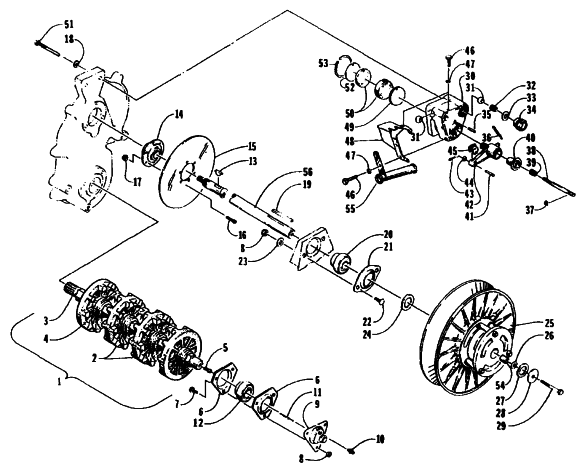 Parts Diagram for Arctic Cat 1995 BEARCAT 440 SNOWMOBILE DRIVE TRAIN SHAFTS AND BRAKE ASSEMBLIES