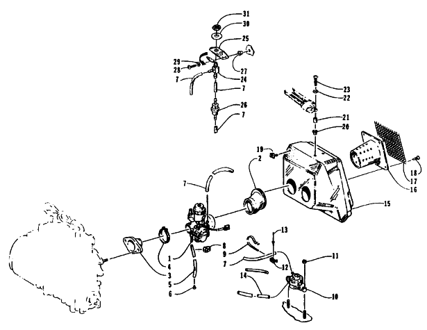 Parts Diagram for Arctic Cat 1995 BEARCAT 550 SNOWMOBILE CARBURETOR, FUEL PUMP, AND AIR SILENCER