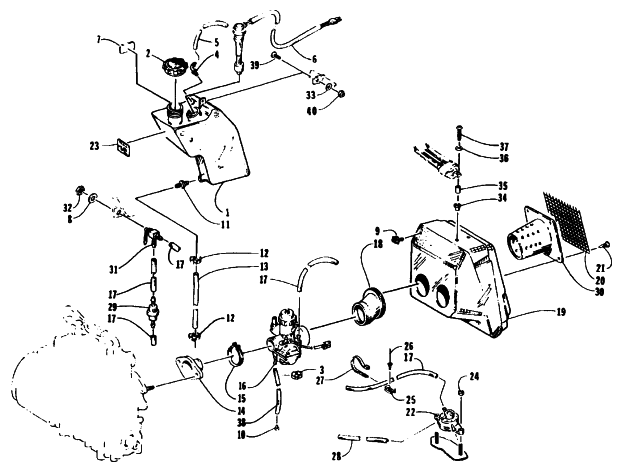 Parts Diagram for Arctic Cat 1995 COUGAR MOUNTAIN CAT SNOWMOBILE OIL TANK, CARBURETOR, FUEL PUMP, AND SILENCER