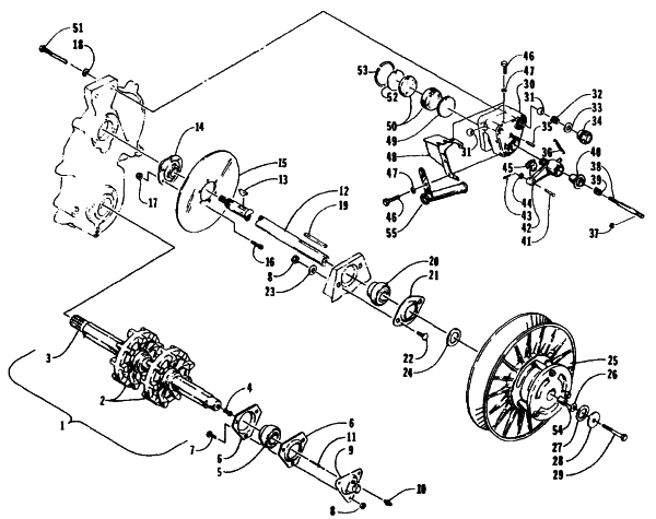 Parts Diagram for Arctic Cat 1995 COUGAR MOUNTAIN CAT SNOWMOBILE DRIVE TRAIN SHAFTS AND BRAKE ASSEMBLIES