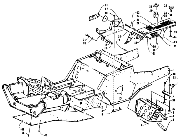 Parts Diagram for Arctic Cat 1995 EXT 580 SNOWMOBILE FRONT FRAME, FOOTREST, AND GUARD ASSEMBLIES