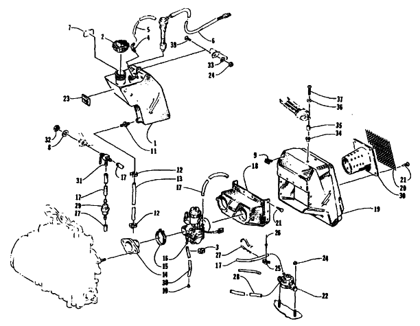 Parts Diagram for Arctic Cat 1995 EXT 580 SNOWMOBILE OIL TANK, CARBURETOR, FUEL PUMP, AND SILENCER