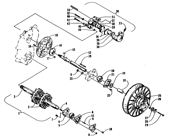 Parts Diagram for Arctic Cat 1995 EXT 580 SNOWMOBILE DRIVE TRAIN SHAFTS AND BRAKE ASSEMBLIES