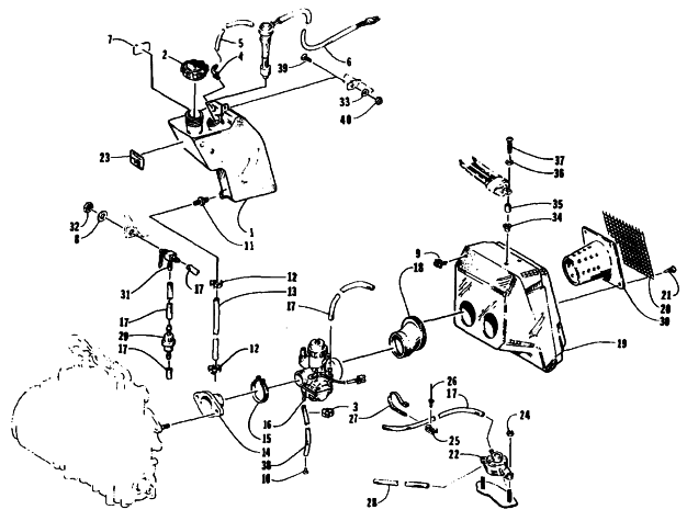 Parts Diagram for Arctic Cat 1995 EXT POWDER SPECIAL SNOWMOBILE OIL TANK, CARBURETOR, FUEL PUMP, AND SILENCER