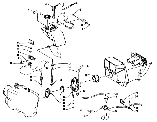 Parts Diagram for Arctic Cat 1995 JAG DELUXE SNOWMOBILE OIL TANK, CARBURETOR, FUEL PUMP, AND SILENCER