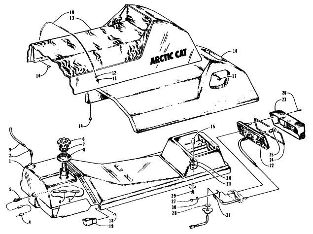 Parts Diagram for Arctic Cat 1995 PUMA DELUXE SNOWMOBILE GAS TANK, SEAT, AND TAILLIGHT ASSEMBLIES