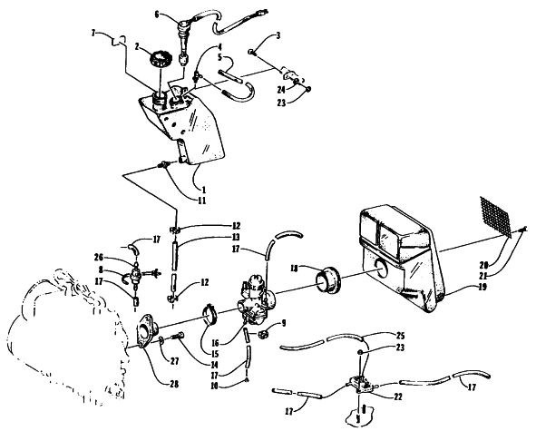 Parts Diagram for Arctic Cat 1995 PUMA SNOWMOBILE OIL TANK, CARBURETOR, FUEL PUMP, AND SILENCER