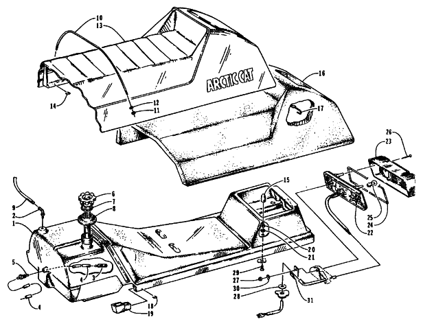 Parts Diagram for Arctic Cat 1995 THUNDERCAT SNOWMOBILE GAS TANK, SEAT, AND TAILLIGHT ASSEMBLIES