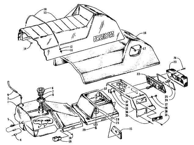Parts Diagram for Arctic Cat 1995 THUNDERCAT MC DEEP LUG SNOWMOBILE GAS TANK, SEAT, AND TAILLIGHT ASSEMBLIES